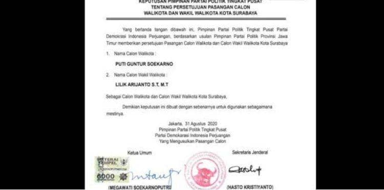 Surat rekomendasi PDIP untuk Puti Guntur Soekarno yang beredar di media sosial. Berbagai Sumber