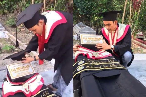Harapan Wisuda Bareng Pupus, Pria Ini Antar Toga ke Makam Pacar