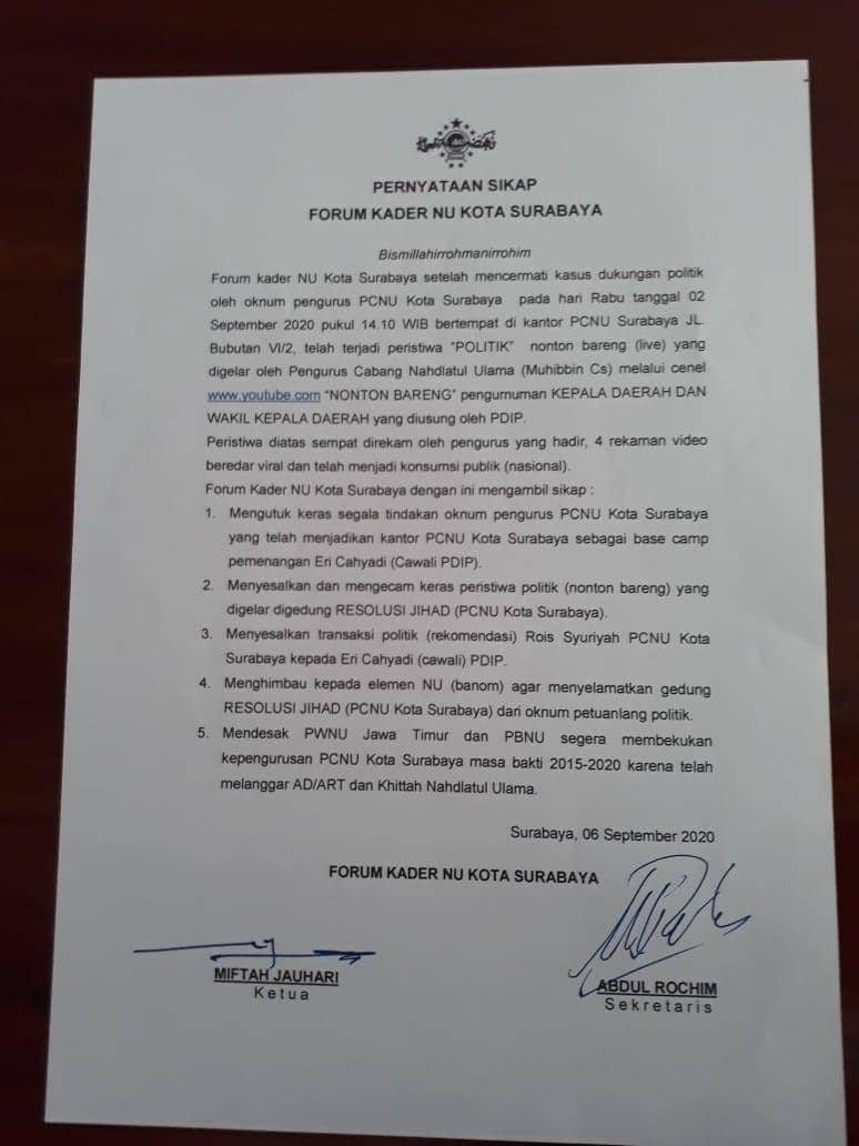 Poin-poin tuntutan Forum Kader NU Surabaya. IDN Times/Dok.Istimewa