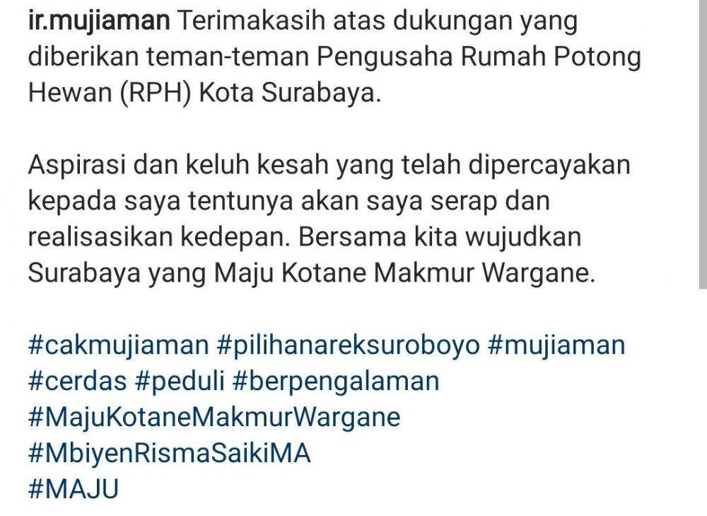 Sebuah unggahan yang menyebut dukungan RPH Surabaya kepada pasangan Machfud Arifin-Mujiaman. Instagram.com