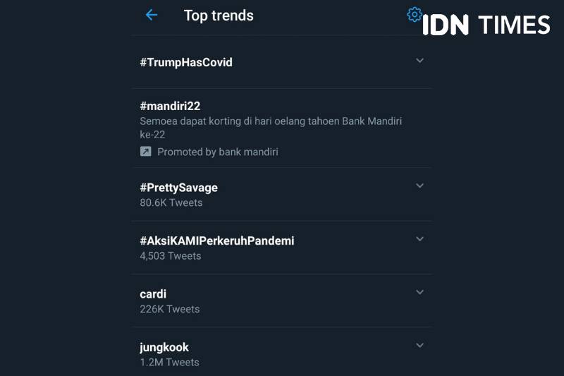 Tangkap Layar - Tagar TrumpHasCOVID menjadi top trending di Twitter pada Jumat (2/10/2020) (IDN Times/Margith Juita Damanik)