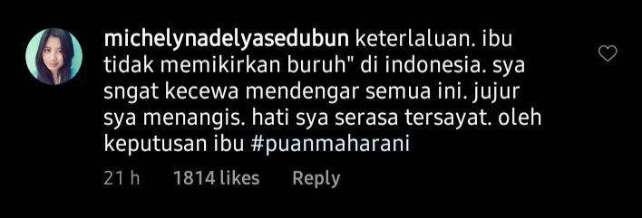 Salah satu komentar warganet di akun Instagram Puan Maharani (Tangkapan layar Instagram/@puanmaharani)