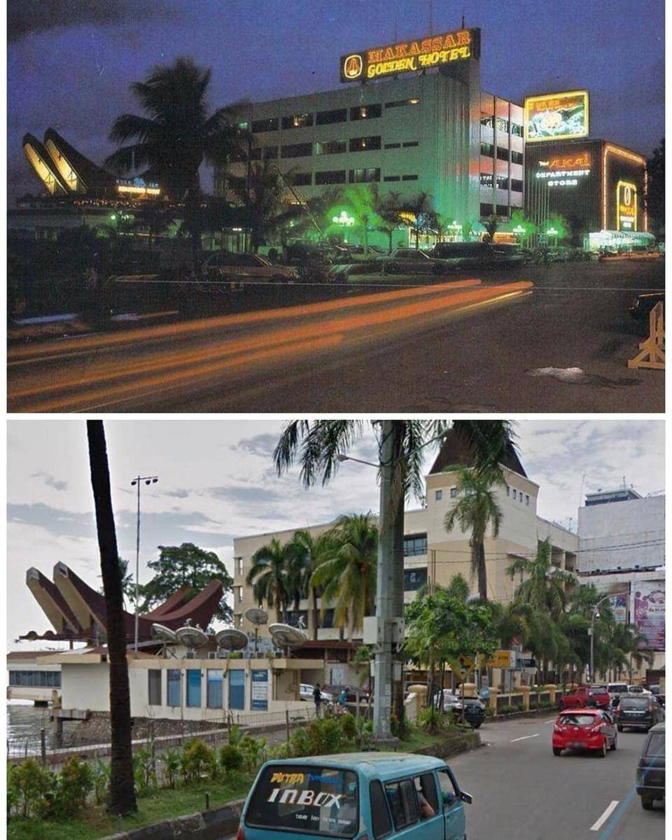 Kolase kawasan Jalan Pasar Ikan serta bangunan Makassar Golden Hotel dari dekade 1980-an dan sekarang. (Instagram.com/makassar.tempodoeloe)