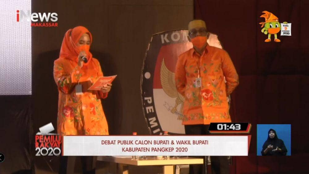Paslon Bupati Pangkep nomor urut 4 Andi Nirawati-Lutfi Hanafi saat debat publik di Hotel Gammara Makassar, Minggu (1/11/2020). Tangkapan layar