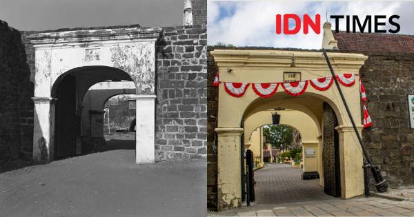 Kolase perbandingan kondisi gerbang Benteng Fort Rotterdam Makassar, Sulawesi Selatan, dari dekade 1940-an dan kini. (Tropenmuseum, part of the National Museum of World Cultures - IDN Times/Achmad Hidayat Alsair)
