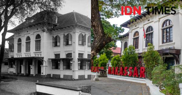 Pemandangan gedung Balai Kota Makassar (kini Museum Kota Makassar) dari dekade 1930-an dan sekarang. (Tropenmuseum, part of the National Museum of World Cultures - IDN Times/Achmad Hidayat Alsair)