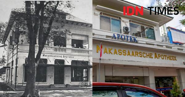 Kondisi bangunan Makassaarsche Apotheek di Jalan Ahmad Yani, Makassar, pada dekade 1920-an dan sekarang. (Tropenmuseum, part of the National Museum of World Cultures - IDN Times/Achmad Hidayat Alsair)
