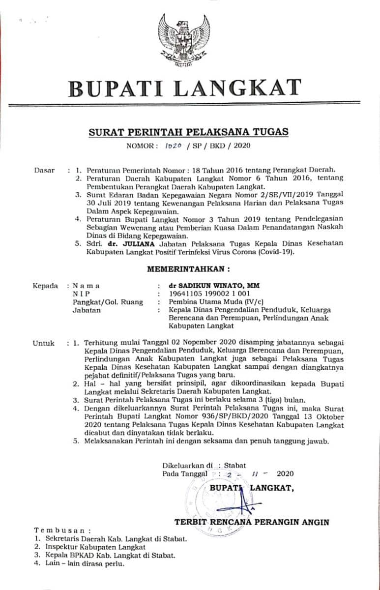 Surat pergantian PLT Kadis Kesehatan Kabupaten Langkat yang beredar (IDN Times/ istimewa)