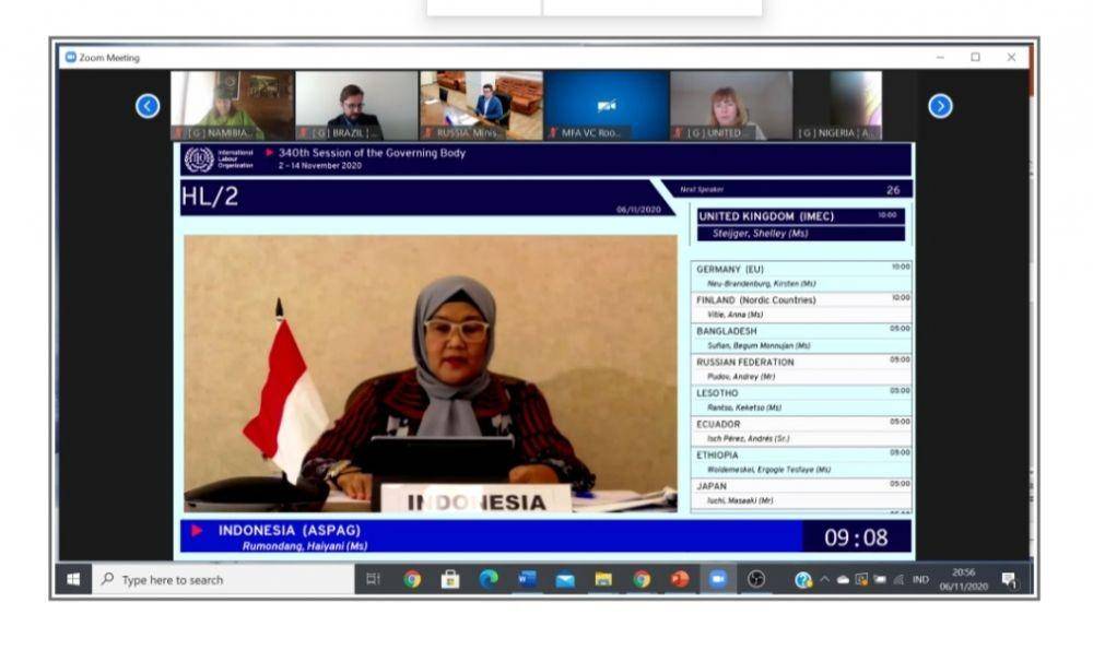 Sidang Governing Body ILO ke-340 yang dimulai setiap petang sampai dini hari melalui zoom pada setiap hari. (Dok. Kemnaker)