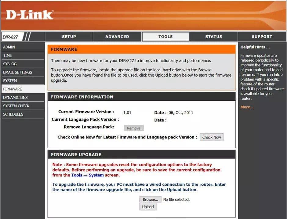 Tampilan update firmware router pada laman admin router. cnet.com