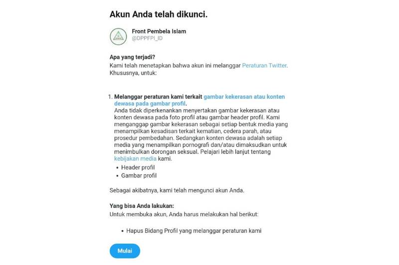 Logo FPI di twitter dikunci dan dihapus (Twitter.com/DPPFPI_ID)