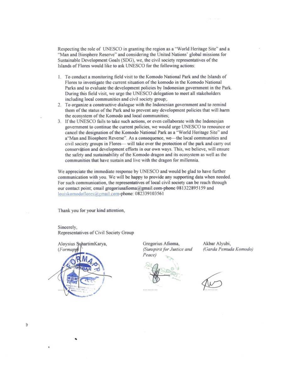 Surat yang dikirimkan oleh masyarakat sipil kepada Dirjen UNESCO di Paris, Prancis (www.twitter.com/@KawanBaikKomodo)