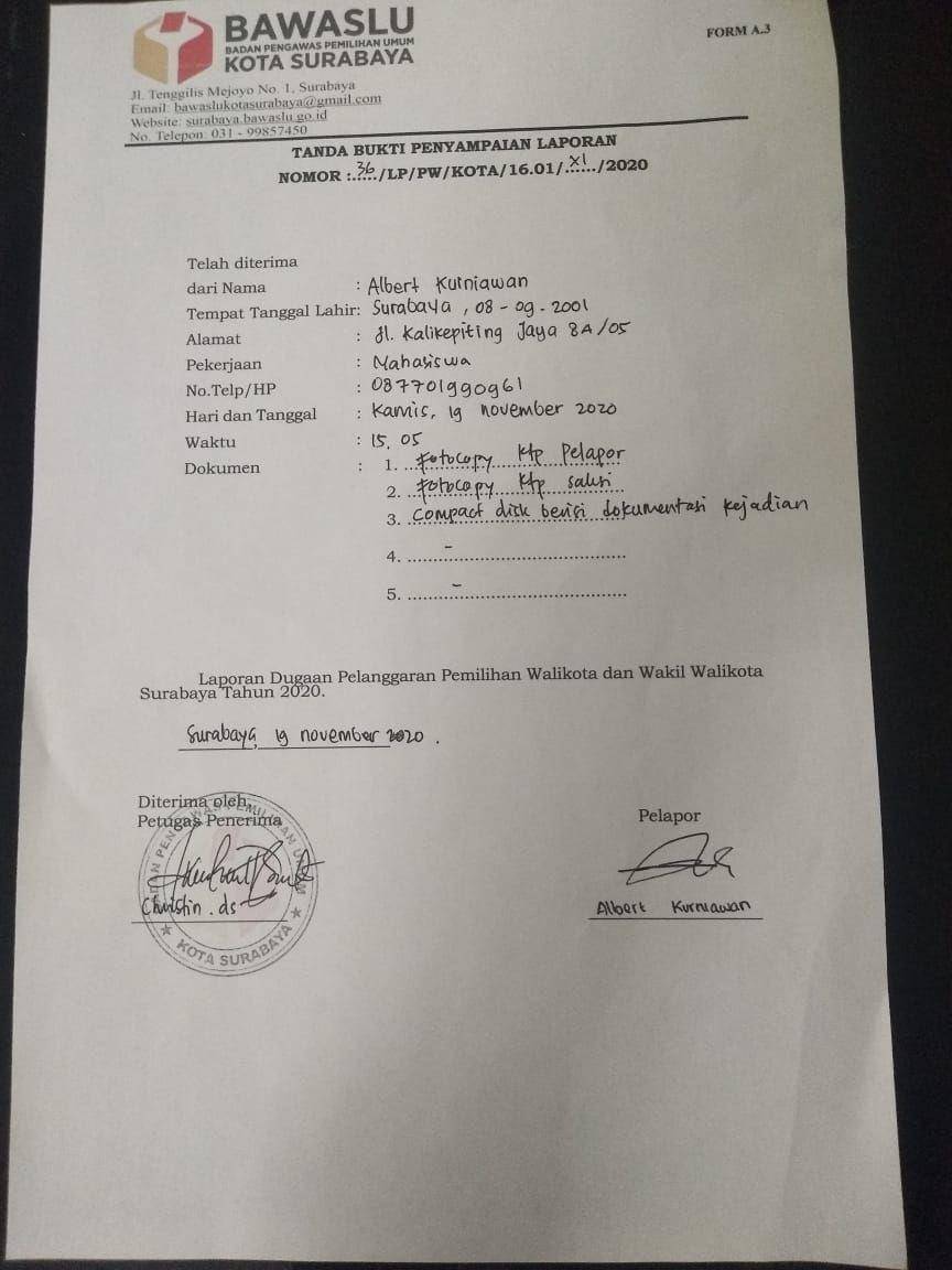 Bukti laporan warga ke Bawaslu Surabaya atas adanya dugaan penyalahgunaan bantuan BNPB. Dok istimewa