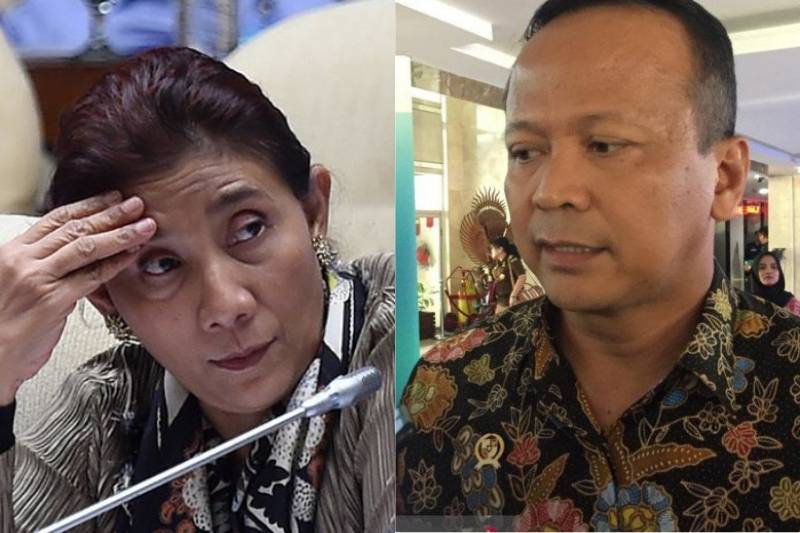 Susi Pudjiastuti dan Edhy Prabowo. ANTARA FOTO/Puspa Perwitasari/Mentari Dwi Gayati