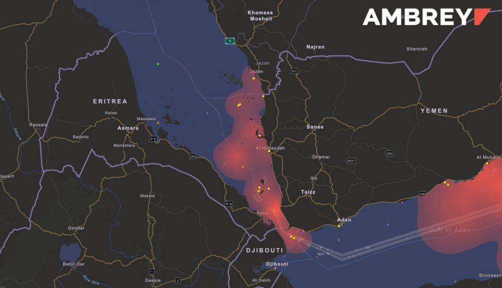 Lokasi ranjau-ranjau anti kapal yang disebarkan Houthi di bagian selatan Laut Merah dan Selat Bab al-Mandab, per 14 November 2020. twitter.com/Ambrey_Intel