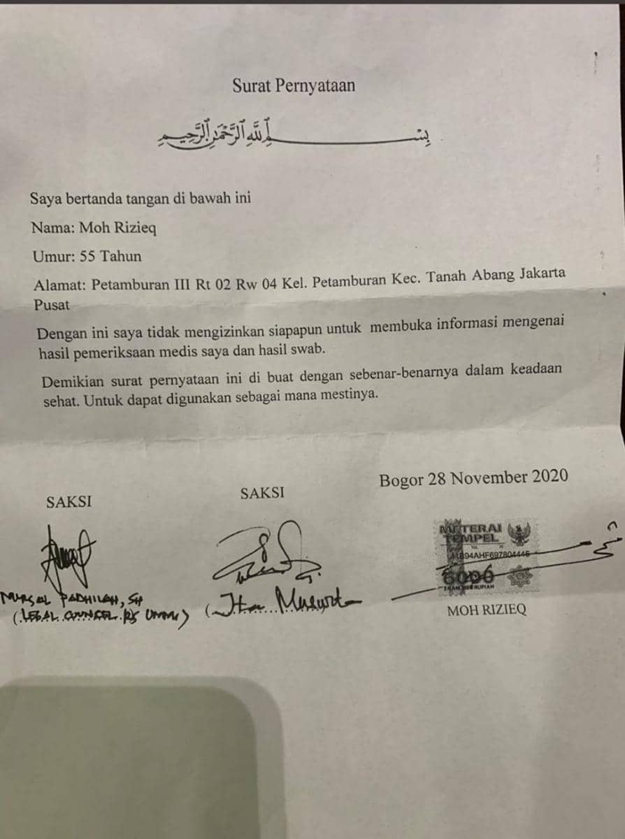 Surat pernyataan Rizieq Shihab (Dok. Istimewa)
