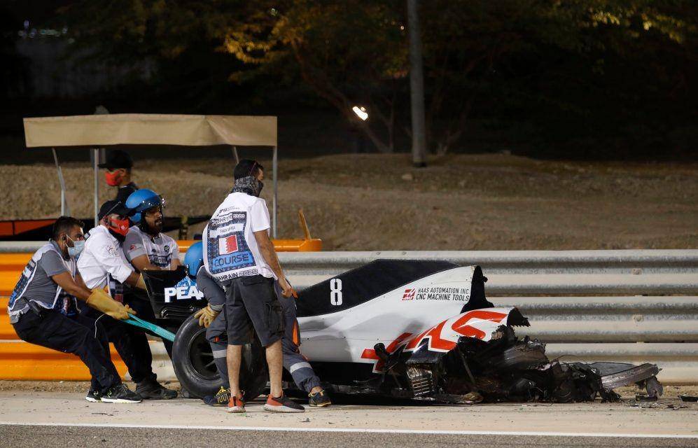 Mobil milik Romain Grosjean setelah mengalami crash. (formula1.com).