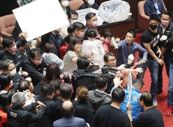 Anggota Parlemen Taiwan Adu Jotos Hingga Lempar Jeroan Babi, Kenapa?
