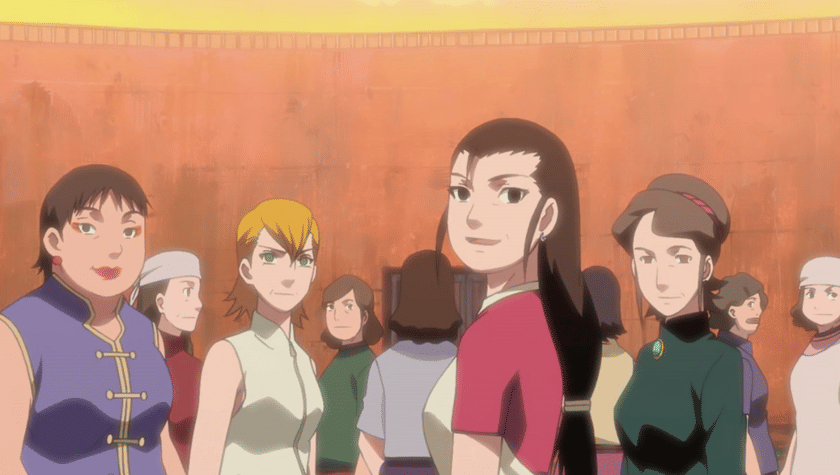Ibu Ino di kanan dengan pakaian berwarna hijau. crunchyroll.com/naruto-shippuden