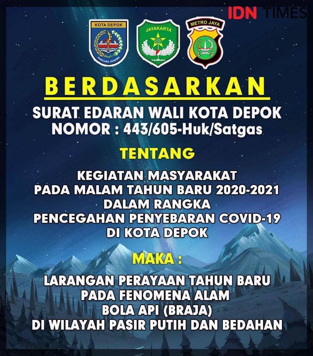 Pengumuman larangan perayaan tahun baru pada fenomena alam Braja di Kecamatan Sawangan. (IDNTimes/Dicky)