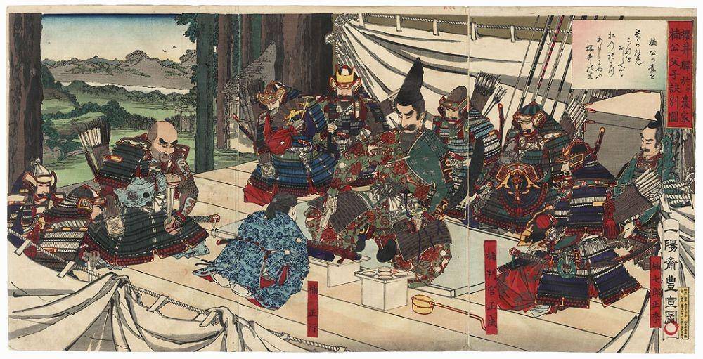 Lukisan Kusunoki Masashige (tengah berbaju zirah) berpamitan dengan anaknya (tengah baju biru) sebelum perang oleh Toyonobu. fujiarts.com