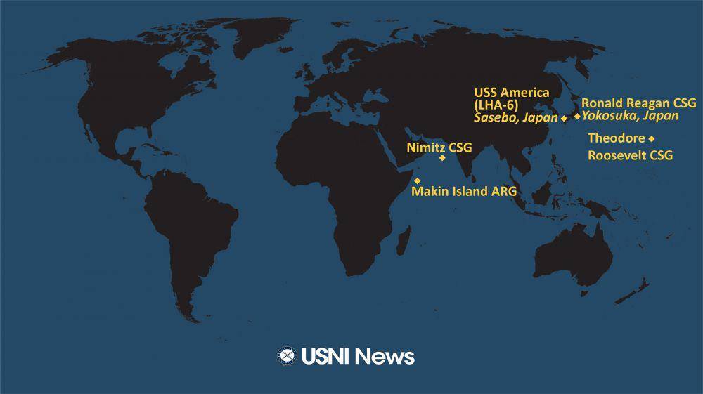 Lokasi kapal-kapal induk AS dan Markas Marinir AS di luar AS per 4 Januari 2020. twitter.com/NavalInstitute