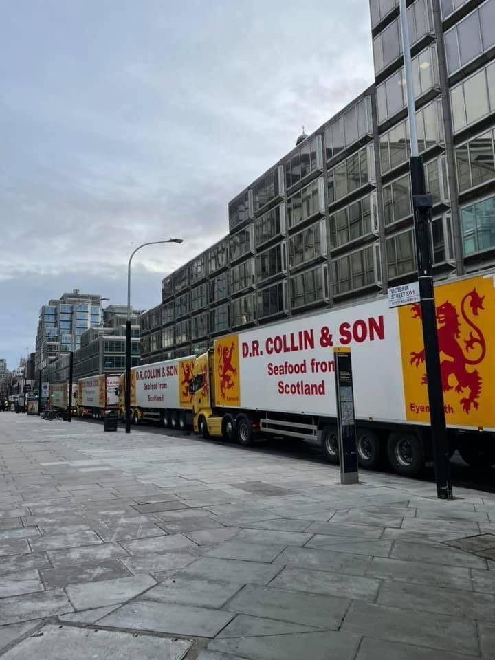 Barisan truk makanan laut yang melakukan protes di gedung parlemen atas kebijakan Brexit. Sumber:twitter.com/Aileen Boughen