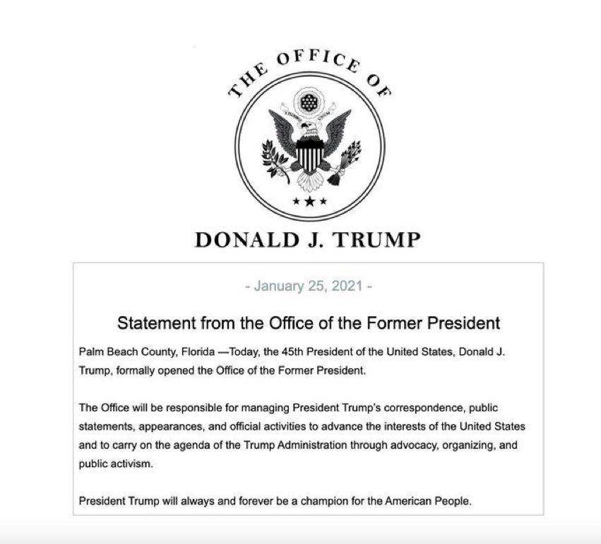 Petikan pernyataan pers perdana dari Office of Former President yang dikelola oleh Donald Trump. (Twitter.com/BernardKerik)