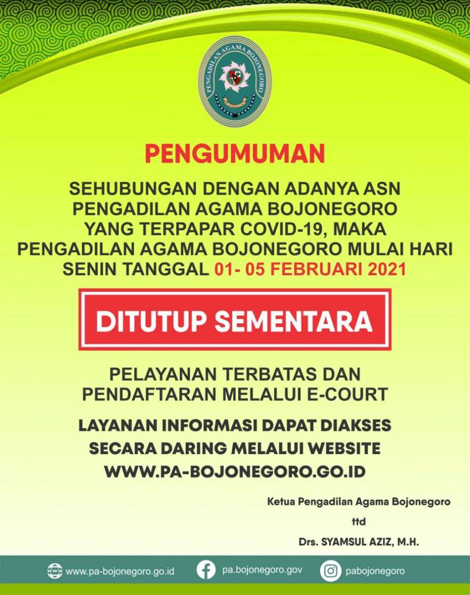 Pengumuman PA Bojonegoro tutup sementara. Dok Humas PA