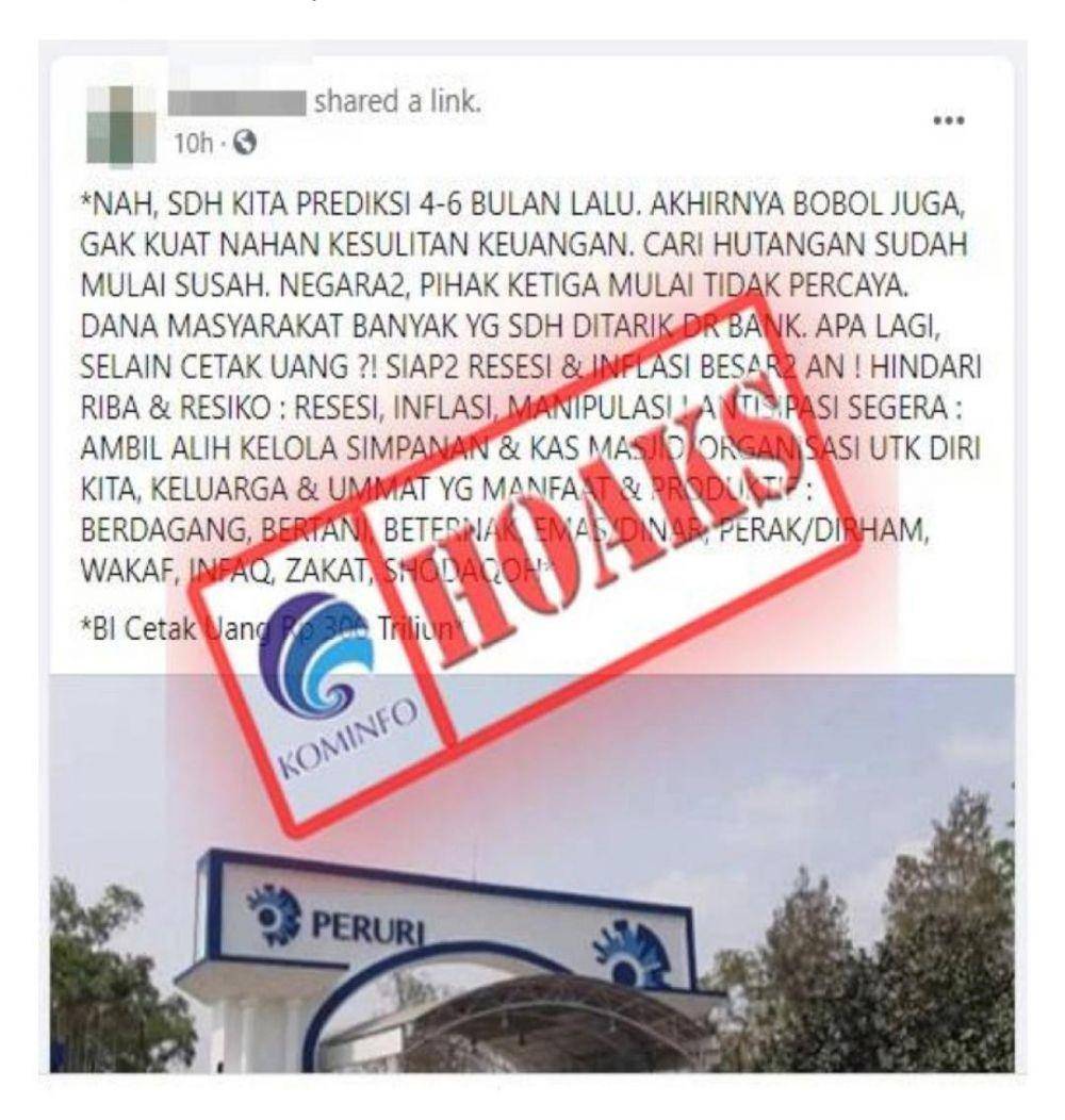Hoaks soal informasi Bank Indonesia akan mencetak uang Rp300 triliun (Tangkap layar website Kominfo)