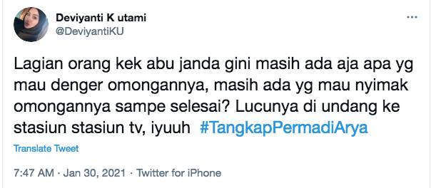 cuitan warganet meminta Abu Janda ditangkap karena menyebut Islam Arogan (Dok.Twitter @DeviyantiKU)