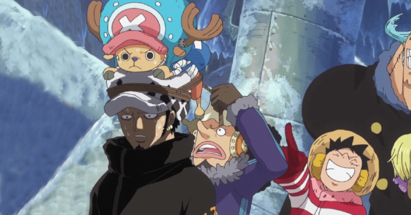 Momen lucu Trafalgar Law dan Topi Jerami. (Toei Animation/One Piece)
