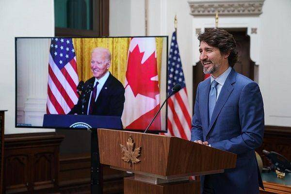 Pertemuan antara Presiden Amerika Serikat, Joe Biden, dengan Perdana Menteri Kanada, Justin Trudeau, lewat pertemuan virtual pada hari Selasa, 23 Februari 2021, waktu setempat. (Twitter.com/justinpjtrudeau)