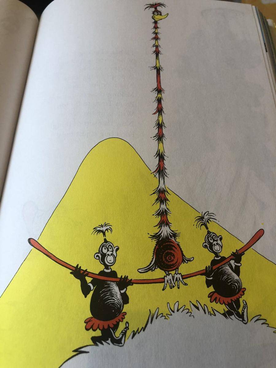 Gambar yang menampilkan dua orang Afrika sedang membawa hewan eksotis dari buku Dr Seuss yang berjudul If I Ran the Zoo. Sumber:twitter.com/Rebecca Sherman