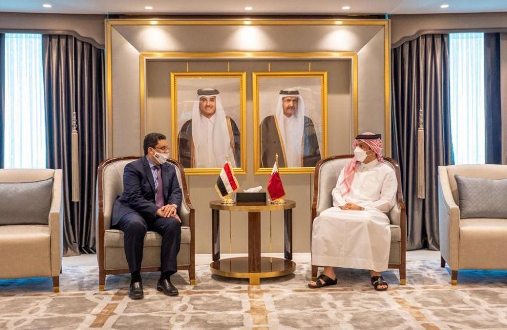 Menteri Luar Negeri Yaman, Ahmad Awad bin Mubarak, dan Menteri Luar Negeri Qatar, Mohammed bin Abdulrahman Al-Thani, bertemu di Doha, pada 7 Maret 2021. twitter.com/YemenEmbassy_DC