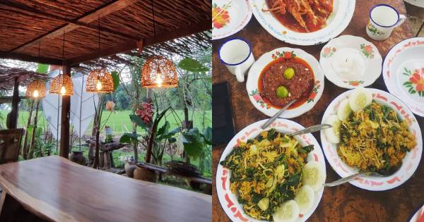 Suasana area pengunjung dan sajian Belakang Rumah Nenek di Barru, salah satu restoran dengan konsep alam terbuka di Sulawesi Selatan. (Instagram.com/belakangrumahnenekofficial)