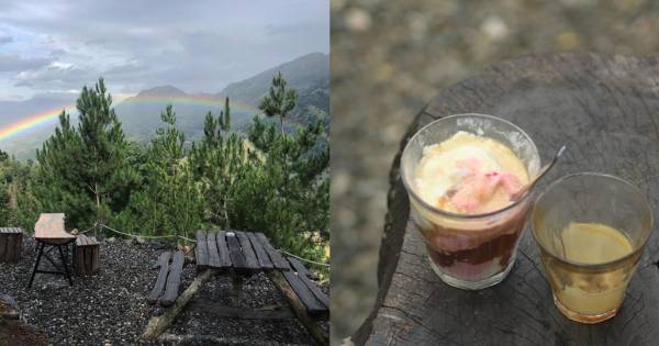 Suasana area pengunjung dan sajian Dante Pine di Enrekang, salah satu tempat makan dengan konsep alam terbuka di Sulawesi Selatan. (Instagram.com/dante.pine)