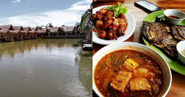 Suasana area pengunjung dan sajian Saung Rindu Alam di Gowa, salah satu restoran dengan konsep alam terbuka di Sulawesi Selatan. (Instagram.com/saungrindualam)