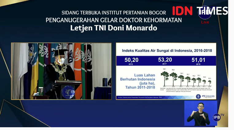 Rektor IPB Arif Satria memberikan sambutan saat pemberian gelar Doktor Honoris Causa kepada kepala BNPB Doni Monardo (IDN Times/Fitang Budhi Adhitia)