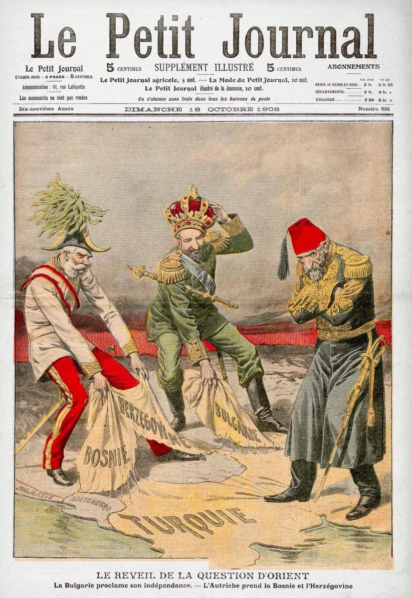 komik satir Le Petit Journal: Bulgaria merdeka (Tsar Ferdinand), Austria-Hongaria (Kaisar Franz Joseph) mencaplok Bosnia-Herzegovina, dan Utsmaniyah (Sultan Hamid II) pasrah (wikimedia.org)