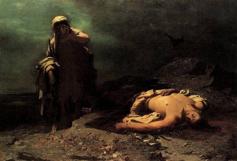 Antigone memandang jenazah saudaranya, Polynices, Nikiforos Lytras (1865). (wikimedia.org)