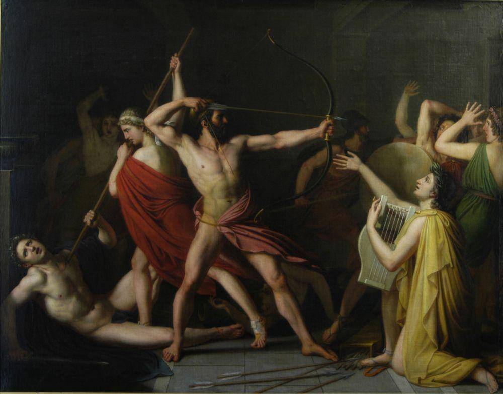 Odysseus dan putranya, Telemachus, membunuh para pria yang menggoda Penelope, Thomas Degeorge (1812). (wikimedia.org)
