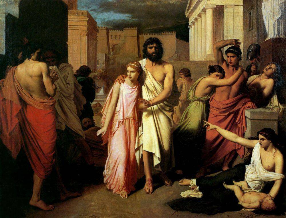 Oedipus yang buta dituntun keluar Thebes oleh Antigone, Charles Jalabert (1842). (wikimedia.org)