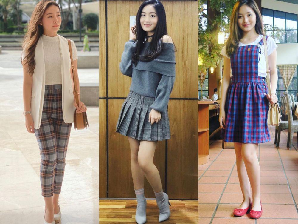 10 Ide Mix and Match Outfit Kotak-kotak ala Natasha Wilona