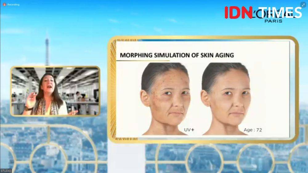 Elisabeth Bouhadana, Global R&I Director L’Oreal Paris DV dalam Konferensi Pers Virtual Peluncuran L’Oreal Paris UV Defender Step Into The Light. Kamis (15/04/2021). IDN Times/Rifdah Jihan