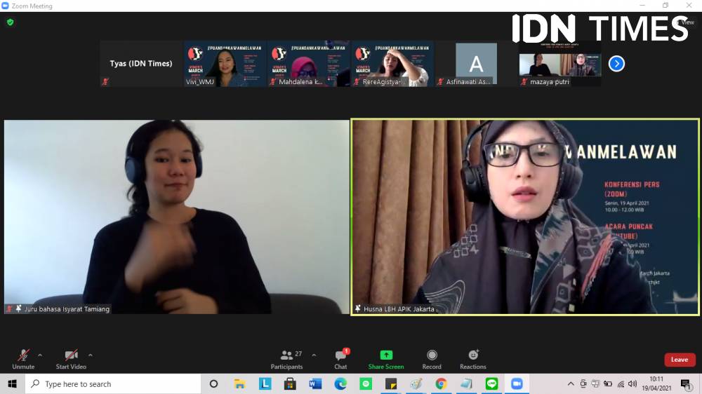 Konferensi pers daring Women’s March Jakarta 2021, Senin (19/4/2021). IDN Times/Tyas Hanina