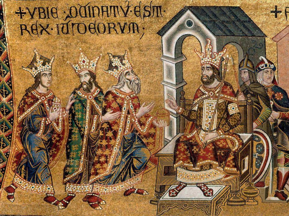 Raja Herodes dan orang Majus dalam mosaik abad ke-14 dari Basilika Santo Markus, Venesia. (davidould.net)