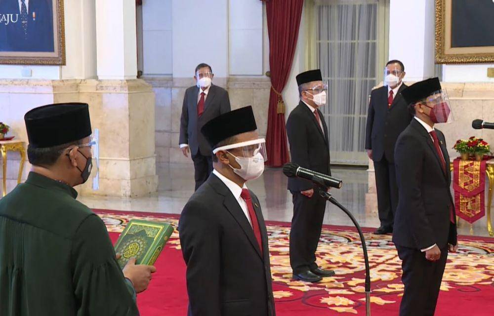 Pelantikan Menteri Kabinet Indonesia Maju, Kepala BRIN, dan Pengucapan Sumpah Anggota Dewas KPK pada Rabu (28/4/2021). (youtube.com/SekretariatPresiden)