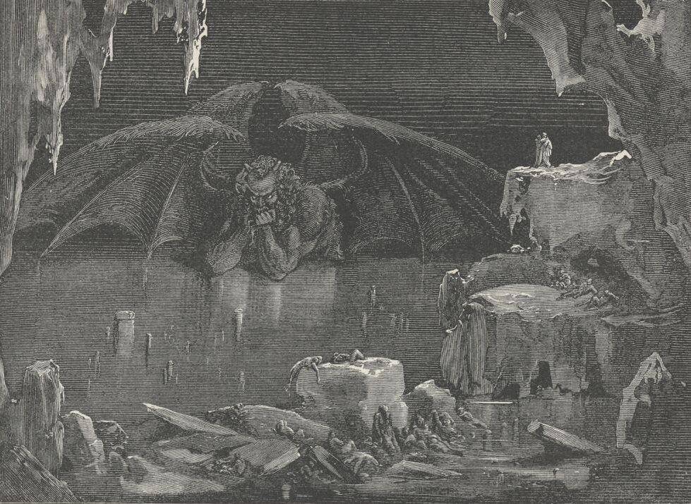 Dante dan Virgil melihat Lucifer di inti Neraka. (wikimedia.org)