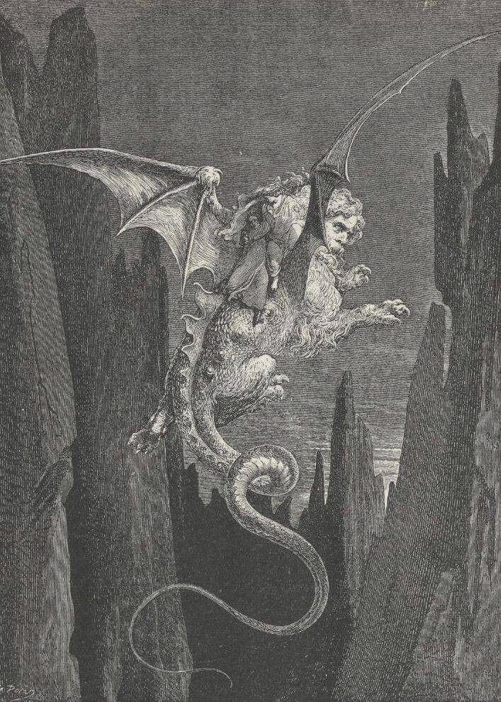 Dante dan Virgil menunggangi Geryon untuk sampai di lingkaran Neraka ke-8. (wikimedia.org)